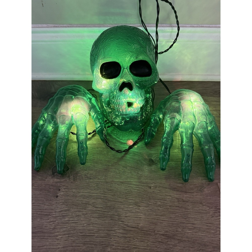 Celebrate! Halloween Light Up Skull With Hands Green Indoor Outdoor Decor 3 pc